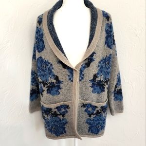 J. JIll. Grey and Blue Wool Blend Floral Cardigan